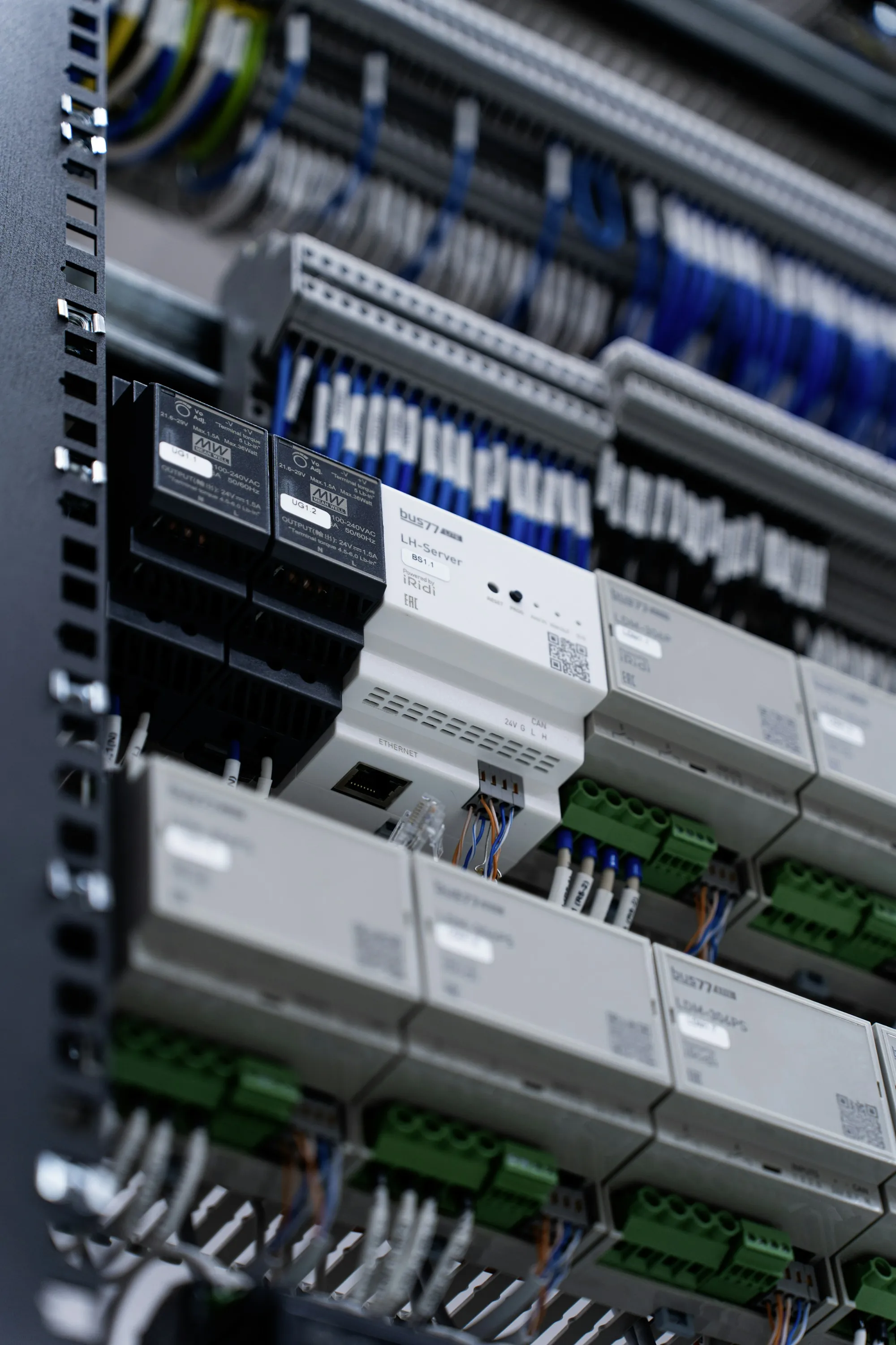 Electrical panel with circuit breakers and wiring